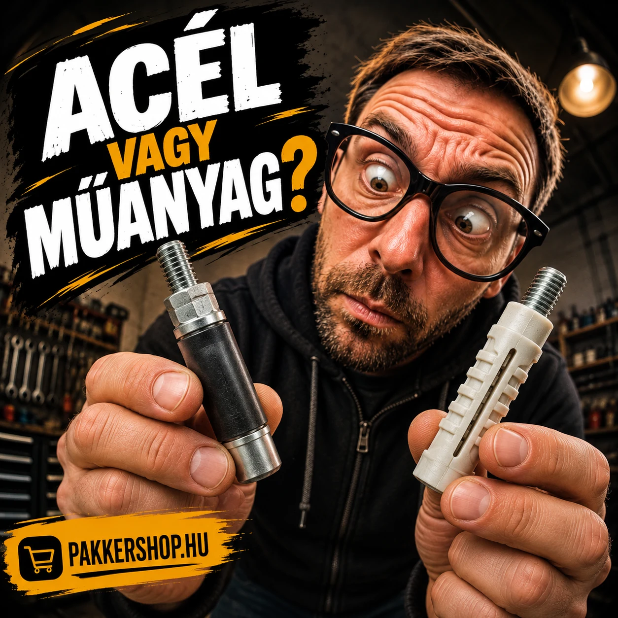 Szemüveges szerelő acél és műanyag injektáló pakkert hasonlít össze a műhelyben.