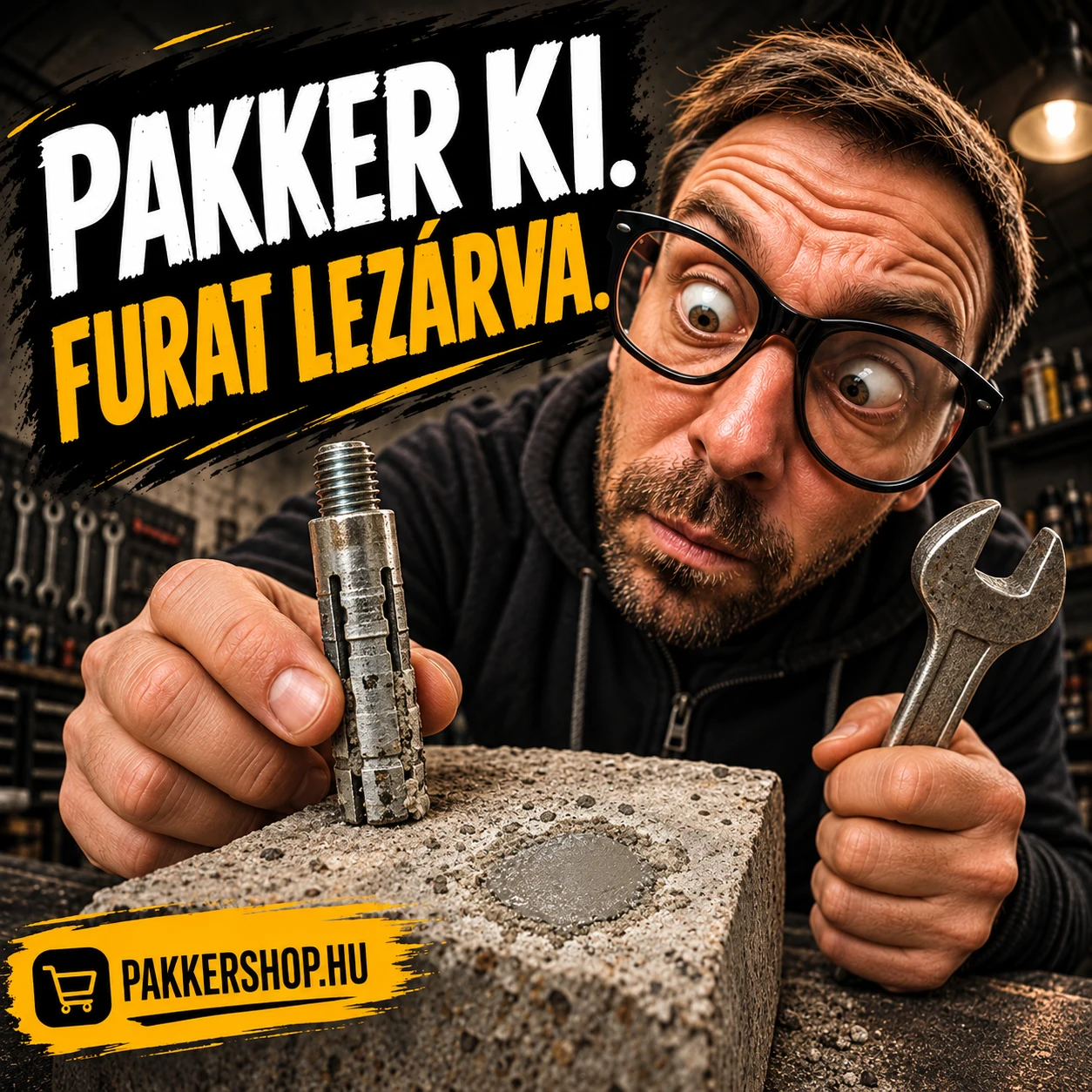 Szerelő kulccsal és eltávolított acél pakkerrel, mellette szakszerűen lezárt betonfurat.