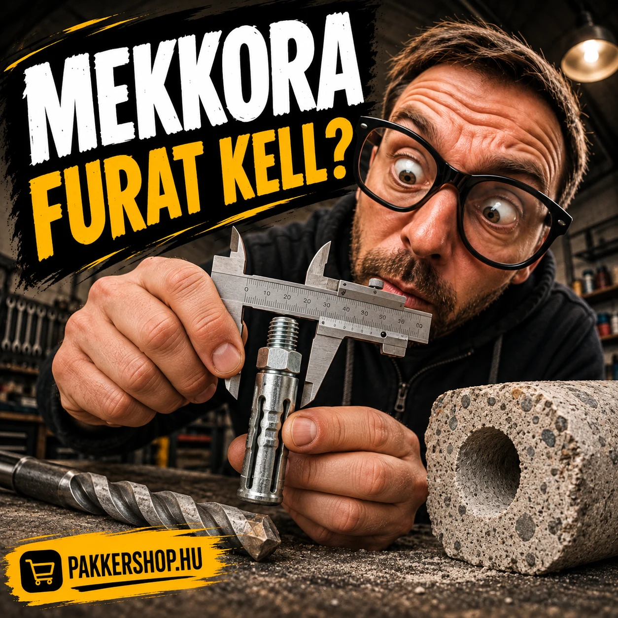 Szerelő tolómérővel méri az injektáló pakkert, fúrószár és betonminta mellett.