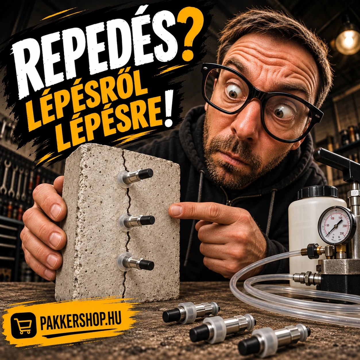 Szerelő repedt betonmintát és a repedés mellett elhelyezett injektáló pakkereket mutat.